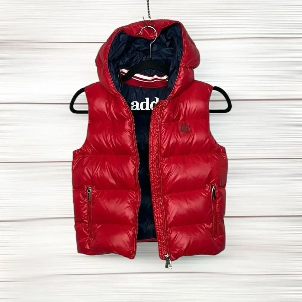 ADD Red Down Hooded Puff Vest Zip Front Pockets Logo Boys size 10Y